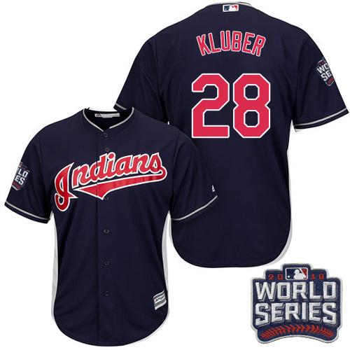 Indians #28 Corey Kluber Navy Blue Alternate 2016 World Series Bound Stitched Youth MLB Jersey